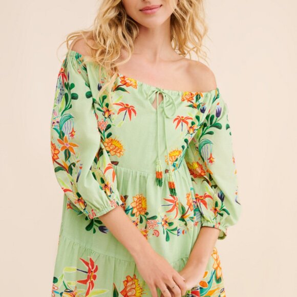 Farm Rio Anthropologie L NWT Off-The-Shoulder Tiered Floral Midi Dress Large - Picture 7 of 7